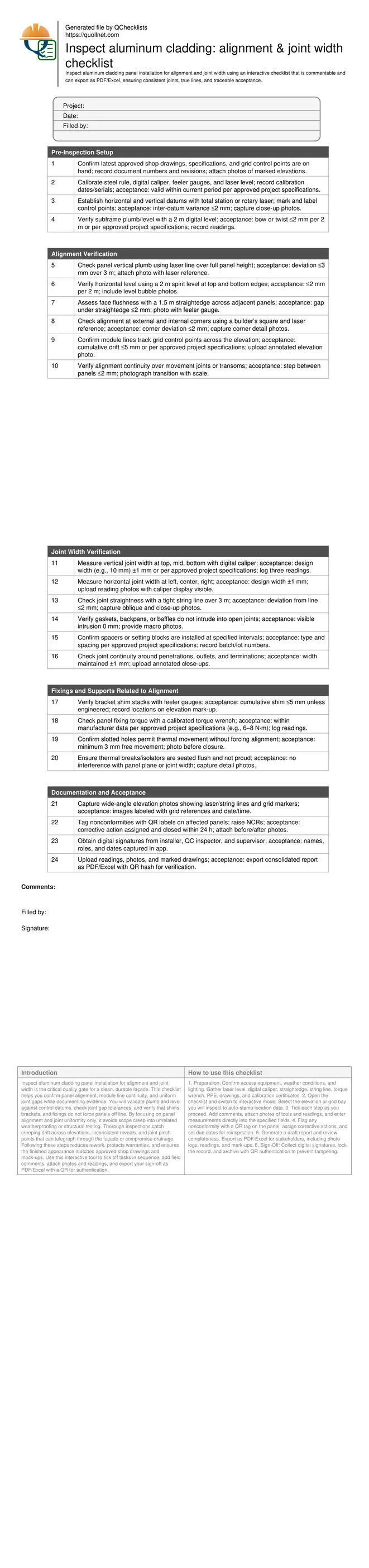 Inspect aluminum cladding: alignment & joint width checklist