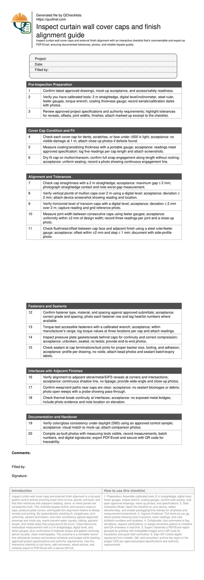 Inspect curtain wall cover caps and finish alignment guide