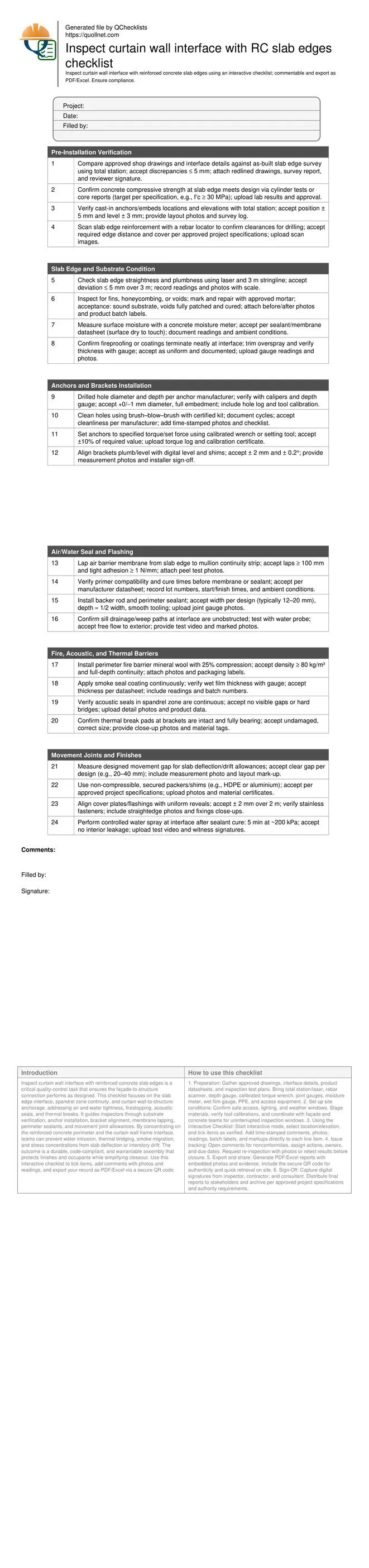 Inspect curtain wall interface with RC slab edges checklist