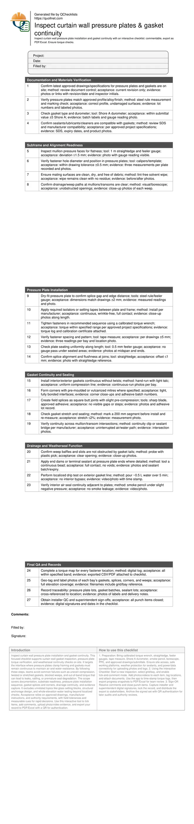 Inspect curtain wall pressure plates & gasket continuity