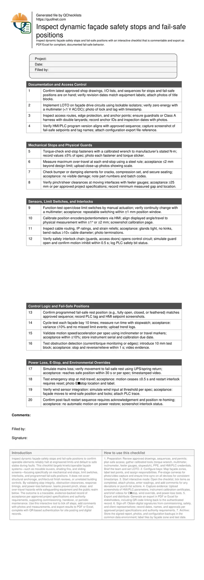 Inspect dynamic façade safety stops and fail-safe positions