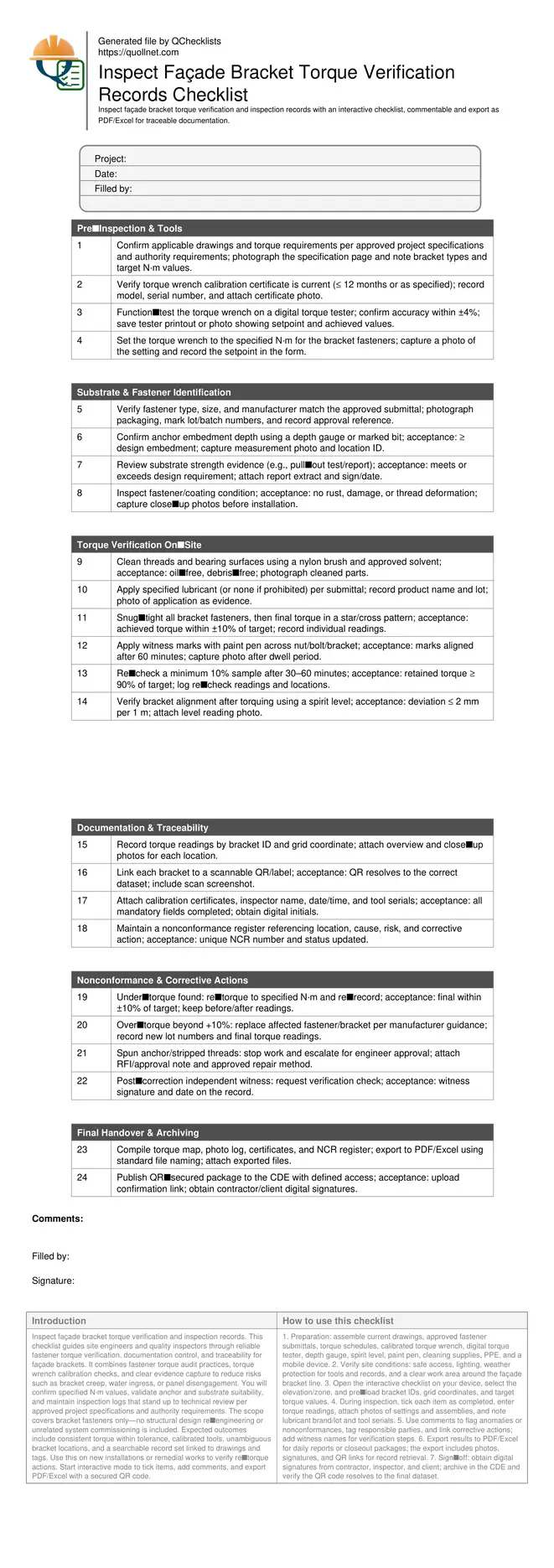 Inspect Façade Bracket Torque Verification Records Checklist