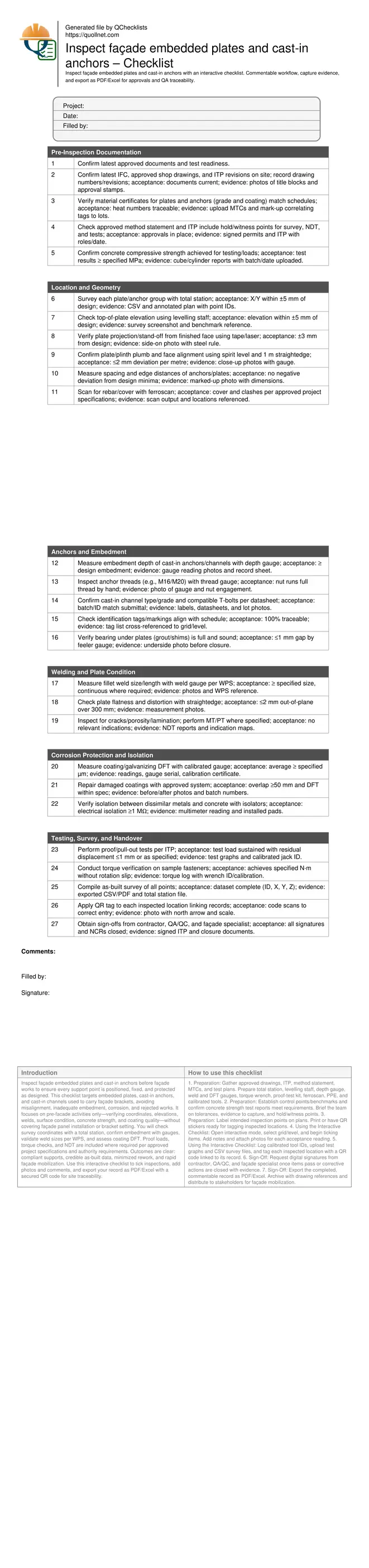 Inspect façade embedded plates and cast-in anchors – Checklist