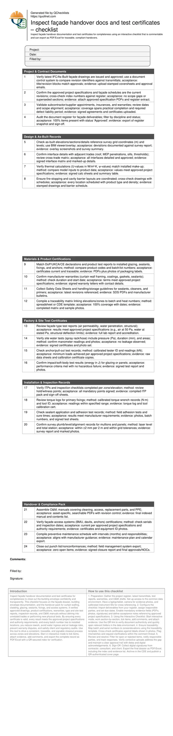 Inspect façade handover docs and test certificates – checklist