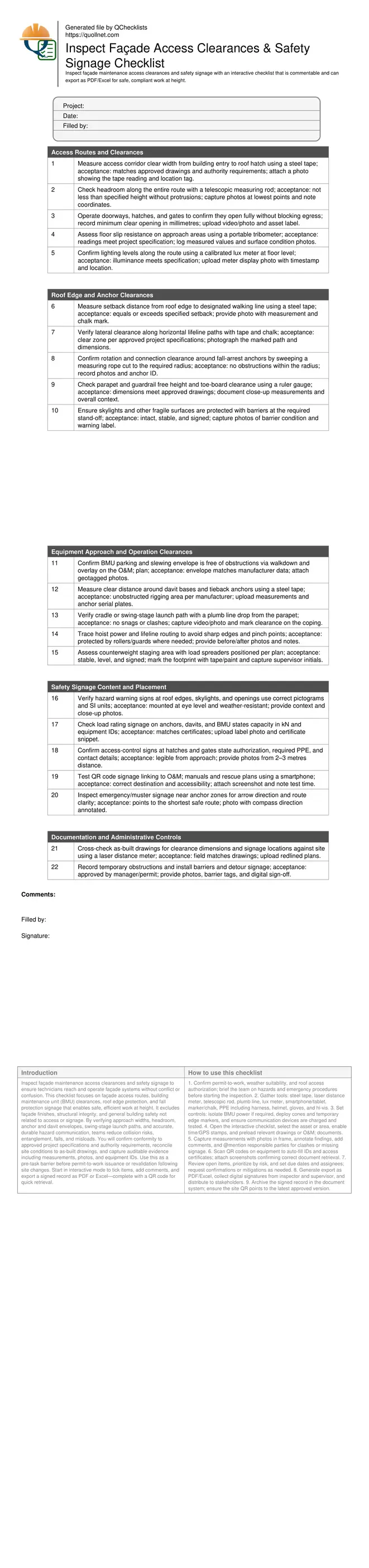 Inspect Façade Access Clearances & Safety Signage Checklist