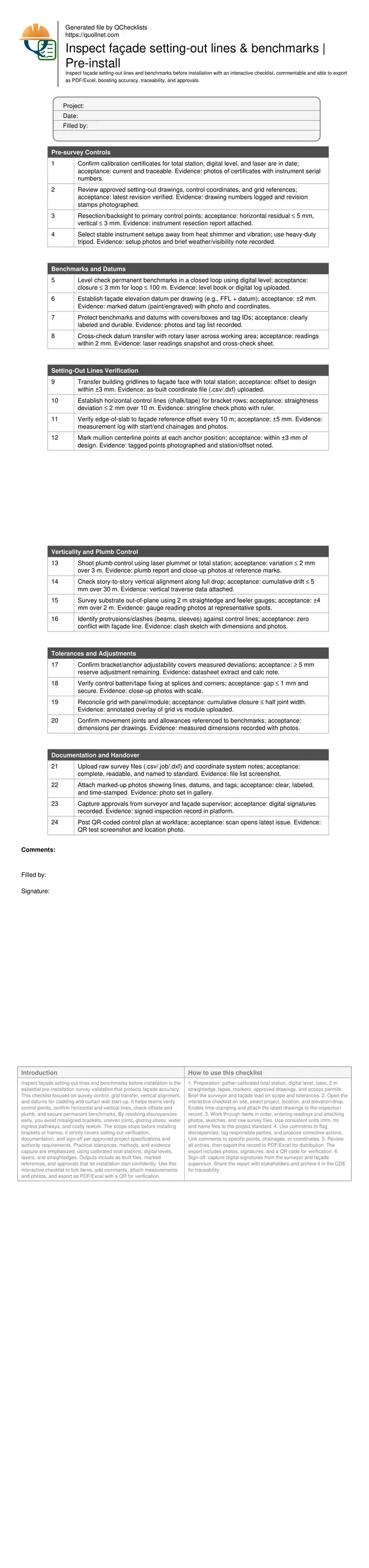 Inspect façade setting-out lines & benchmarks | Pre-install