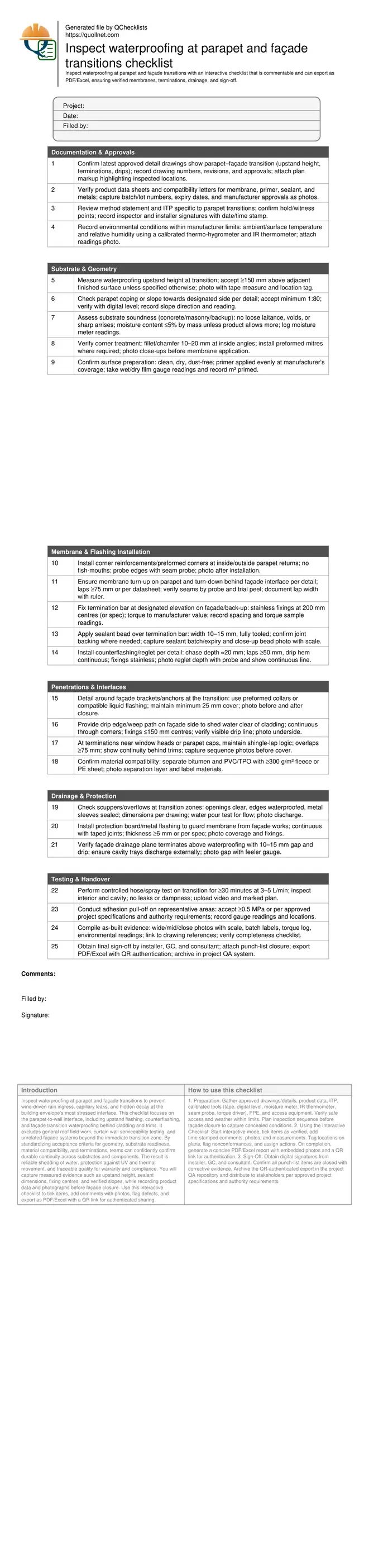 Inspect waterproofing at parapet and façade transitions checklist