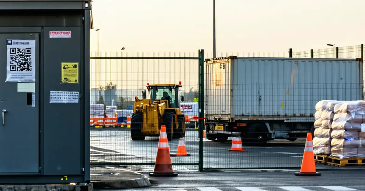 Photo-realistic editorial image of a construction site at dawn, wide 16:9 composition from eye level. Foreground shows a temporary site entrance with 2.0 m fencing, guardhouse, reflective signage, and QR-enabled visitor check-in. Midground features modular offices, meeting cabins, toilets, and a laydown yard with pallets and covered materials. Visible temporary power board with lockable doors, cable runs, LED floodlights illuminating yards, and marked pedestrian walkways. A survey tripod and a lux meter on a clipboard sit on a table. Background includes delivery truck approaching along a coned route and a tower crane silhouetted. Soft morning light with clear sky; branding neutral; natural labels only on equipment. image