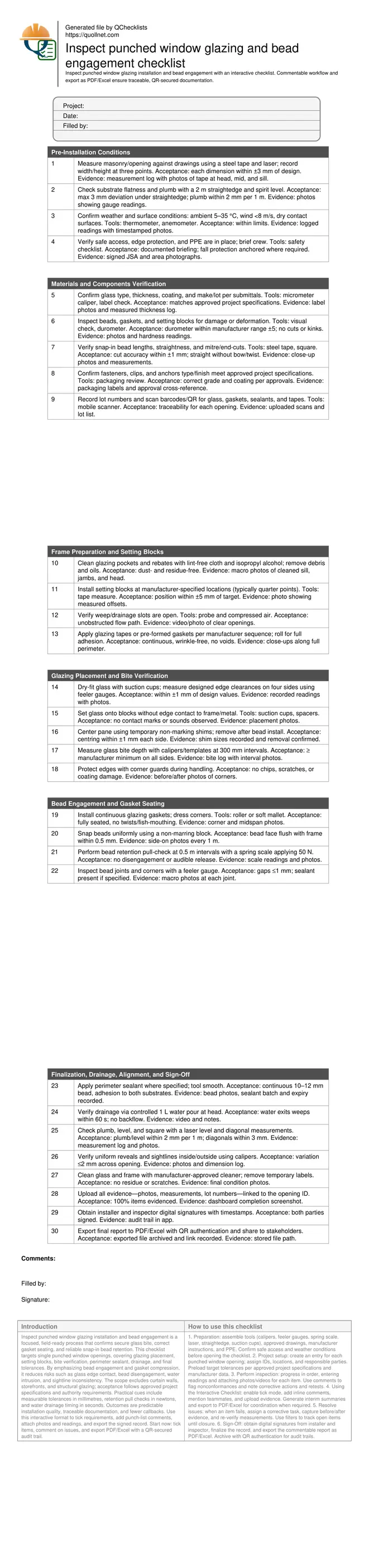 Inspect punched window glazing and bead engagement checklist