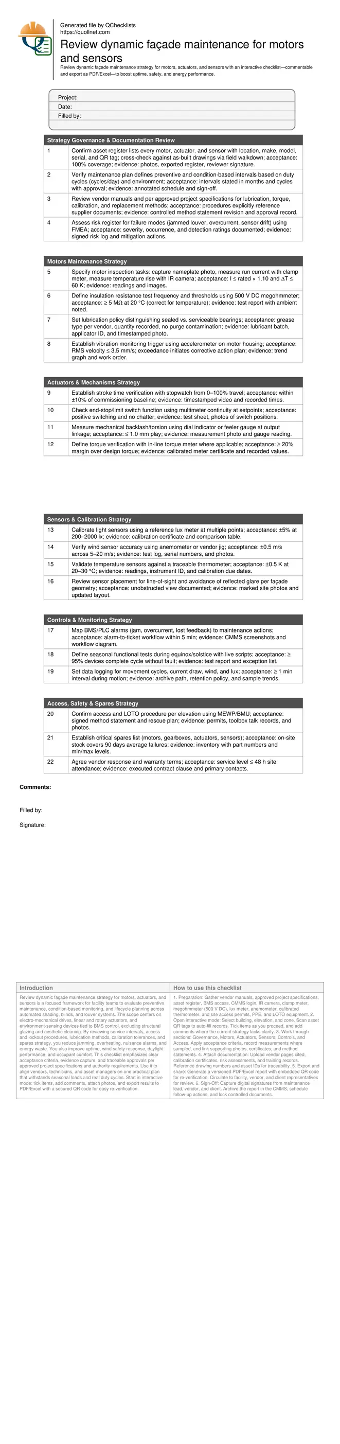 Review dynamic façade maintenance for motors and sensors