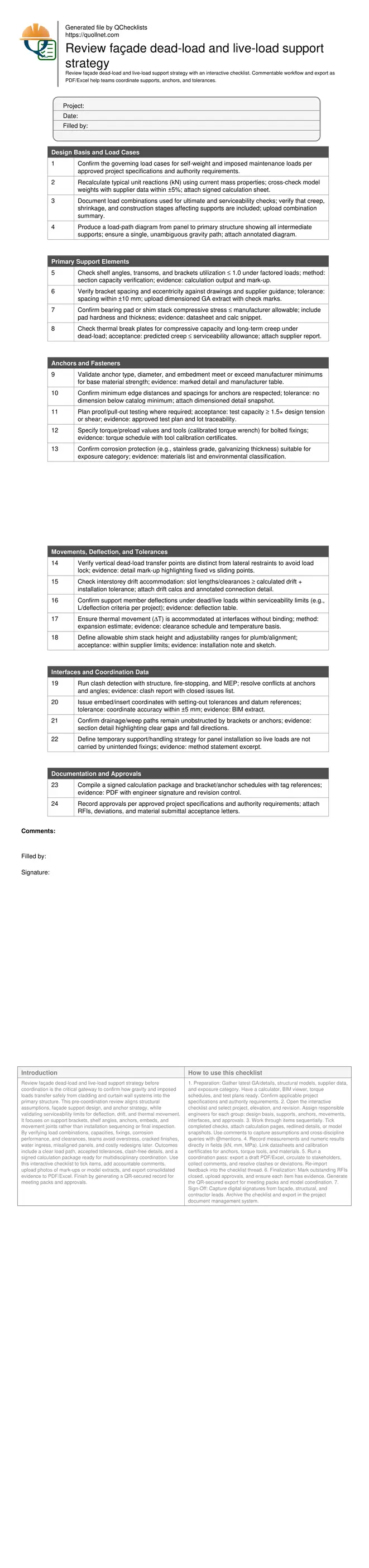 Review façade dead-load and live-load support strategy