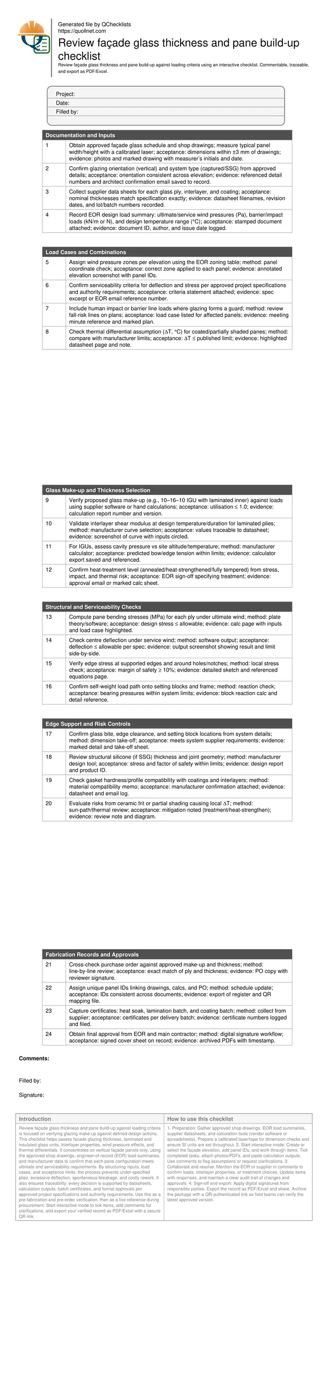 Review façade glass thickness and pane build-up checklist