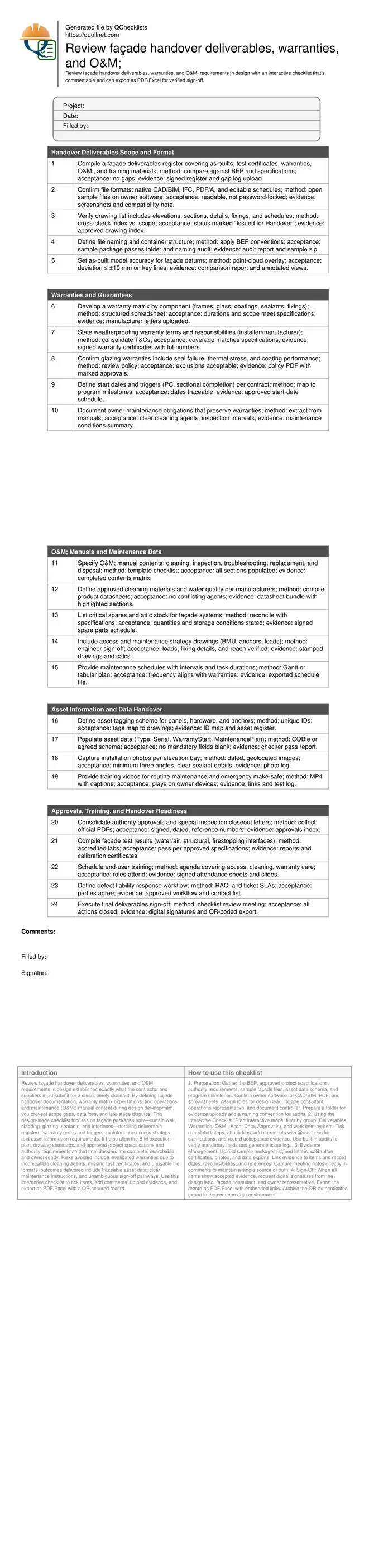 Review façade handover deliverables, warranties, and O&M