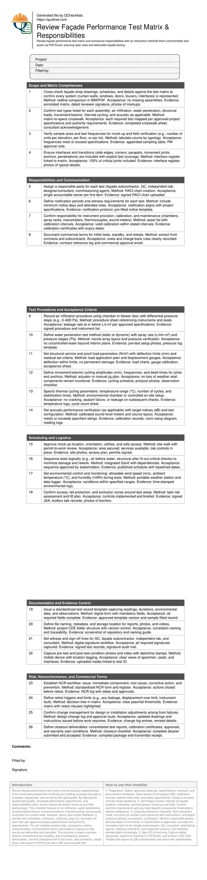 Review Façade Performance Test Matrix & Responsibilities