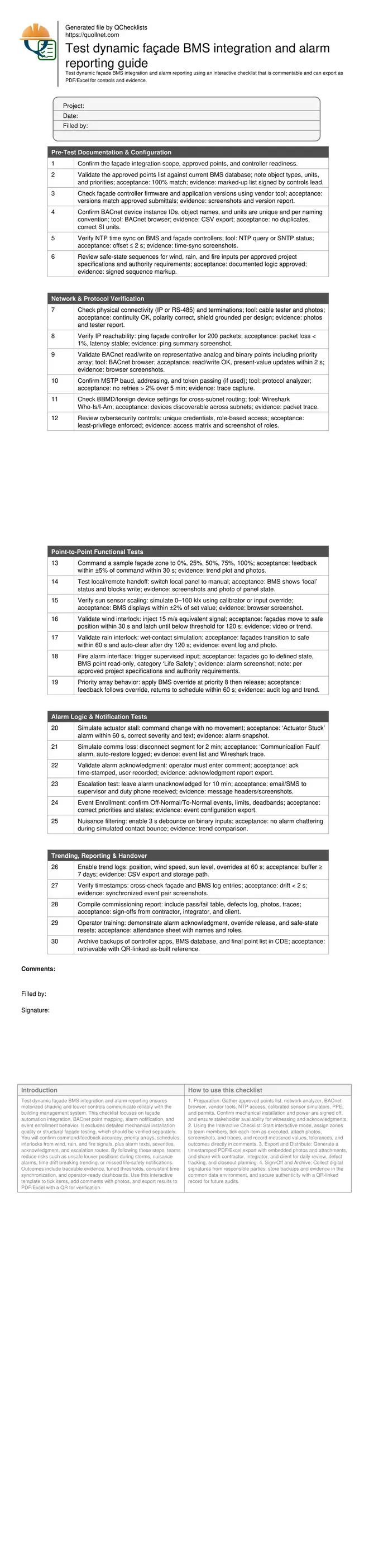 Test dynamic façade BMS integration and alarm reporting guide