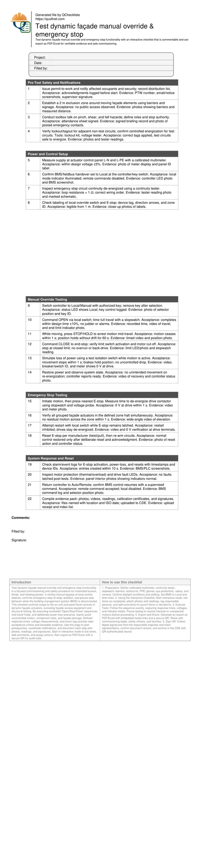 Test dynamic façade manual override & emergency stop