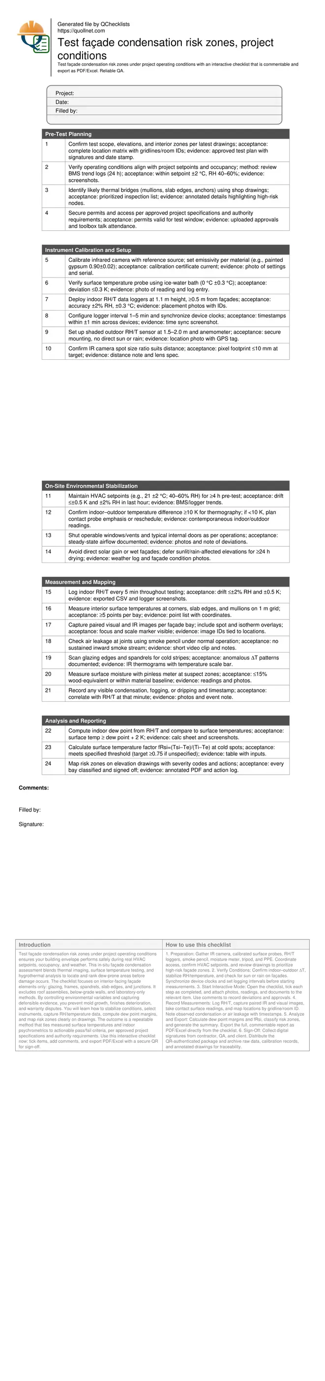Test façade condensation risk zones, project conditions