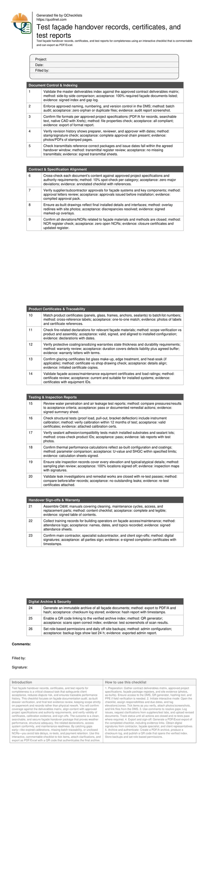Test façade handover records, certificates, and test reports