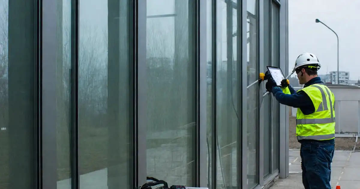 Test façade installed glazing for water-tightness after sealing completion image