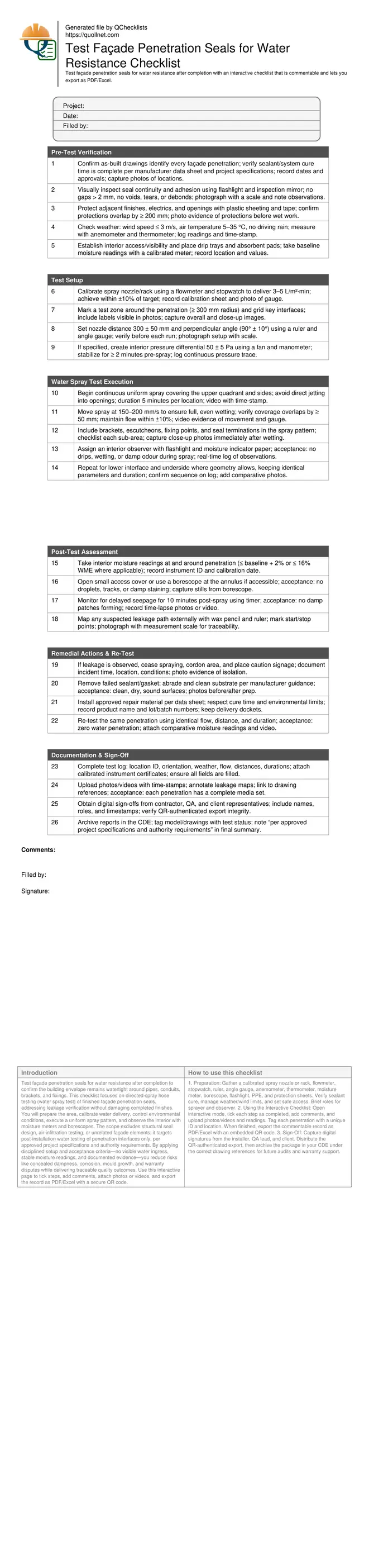 Test Façade Penetration Seals for Water Resistance Checklist