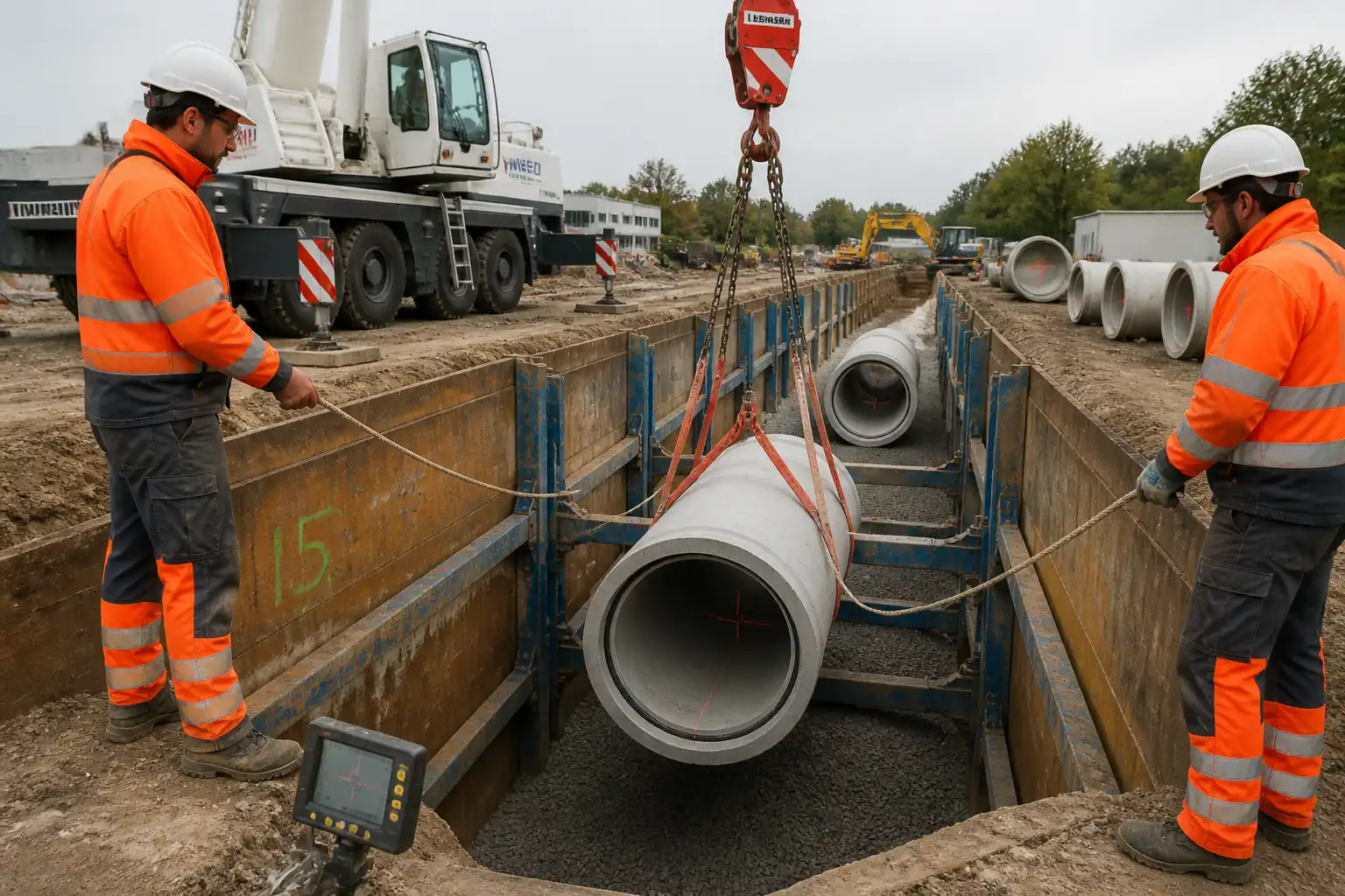Method Statement – Laying of Reinforced Concrete (RC) Sewer Pipes with Crane Lifting, Bedding, Rubber Gasket Jointing, Alignment Control, Concrete Surround/Cradle, and Joint Gap Inspection – Method Statement